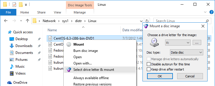 WinCDEmu main interface showing mounted virtual drives in Windows Explorer