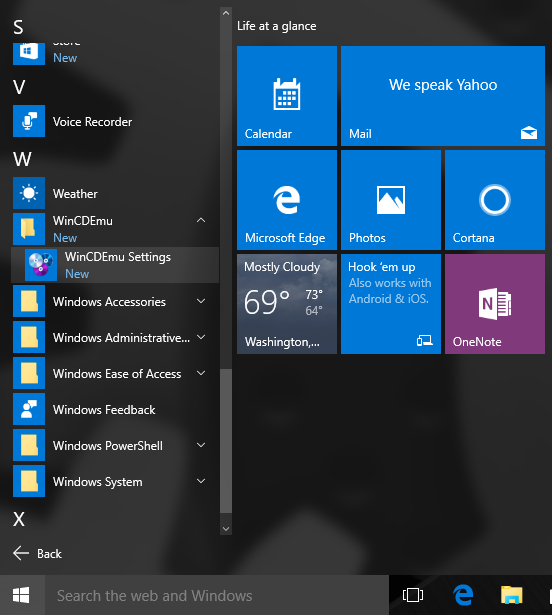 WinCDEmu settings window with drive letter and language options